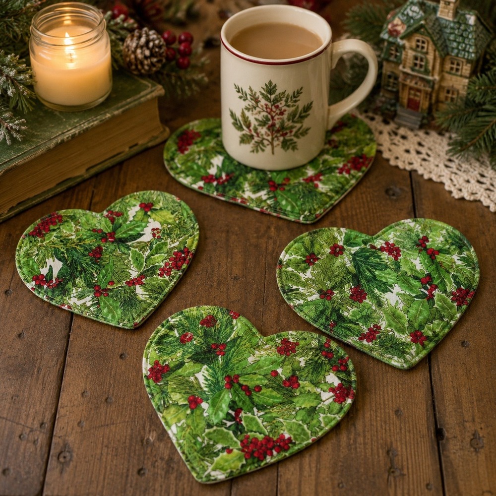 Heart Shaped Christmas Coasters Set 4 Double Sided Holly Berry Cottagecore